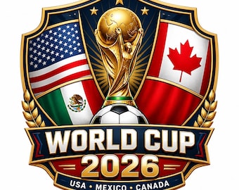 May include: A gold-trimmed shield emblem featuring the World Cup trophy atop a football. The design includes the flags of the USA, Mexico, and Canada. Text reads WORLD CUP 2026 and USA MEXICO CANADA, with gold stars and laurel accents.