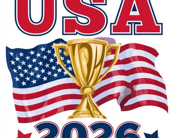 May include: A graphic illustration featuring the red text USA at the top and the blue text 2026 at the bottom, flanking a central gold trophy cup. Behind the trophy, two American flags are displayed with red, white, and blue colours.