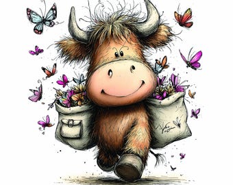 May include: A charming illustration of a Highland cow with a happy expression, carrying two sacks of flowers. The cow is brown and fluffy, with large horns. Butterflies in various colours surround the cow and the sacks, creating a delightful image.