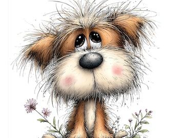 May include: A charming cartoon dog with big, soulful eyes and a fluffy brown and tan coat. The dog has a black nose and pink cheeks. It is surrounded by small wildflowers, all set against a clean white background.