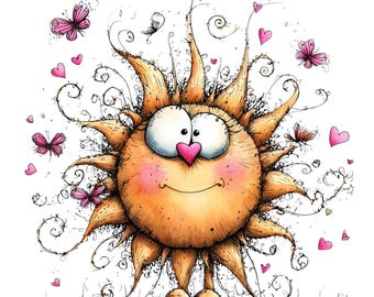 May include: A cartoon sun illustration with a smiling face, rosy cheeks, and a pink heart-shaped nose. The sun has spiky rays, large eyes, and is surrounded by pink hearts and butterflies on a white background.