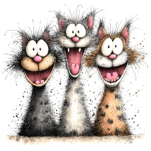May include: A whimsical illustration of three cartoon cats with exaggerated features. Each cat has a wide, open mouth, displaying pink tongues and teeth. The cats have different fur colors: black, gray and white, and orange and brown. The image has a hand-drawn style with ink splatters.