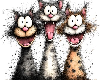 May include: A humorous cartoon illustration featuring three cats with expressive faces. The cats are depicted with wide, open mouths, revealing pink tongues and teeth. The cats have black, grey and white, and orange and brown fur. The image has a hand-drawn style with ink splatters.