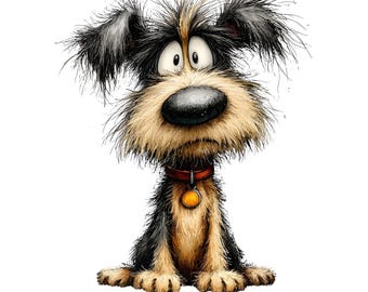 May include: A cartoon illustration of a dog with a startled expression. The dog has black and tan fur, large eyes, and a red collar with a yellow tag. The dog is sitting upright against a white background.