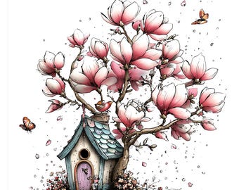 May include: A watercolour illustration depicts a birdhouse beneath a magnolia tree in full bloom. The tree's branches are laden with large pink flowers, and butterflies are seen fluttering around. The birdhouse has a blue roof and a pink door, with a small bird on top.