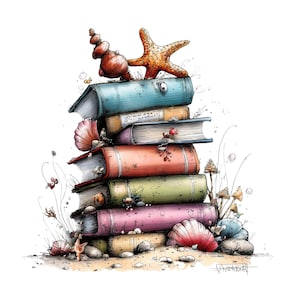 May include: A whimsical illustration of a stack of colorful books adorned with seashells, a starfish, and a conch shell. The books are in shades of blue, orange, green, and pink, resting on a sandy surface. The artwork has a hand-drawn style.
