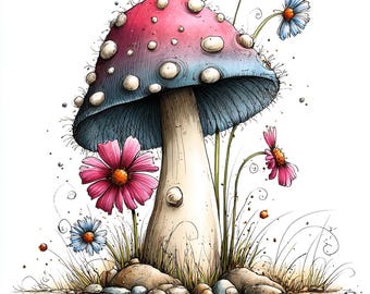May include: A whimsical illustration of a large mushroom with a pink and blue gradient cap featuring white spots. The mushroom is surrounded by pink and blue daisy-like flowers, thin green stems, and small rocks at the base on a white background.