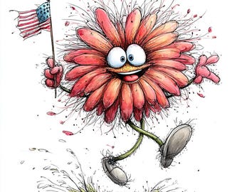 May include: A whimsical illustration of a personified pink flower with large white eyes and a wide smile. The character has thin green stems for legs, wears grey shoes, and holds a small American flag in one hand while waving with the other.