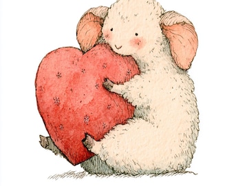 May include: A watercolour illustration of a fluffy white lamb with pink-tinted ears and cheeks, sitting upright and holding a large, textured red heart decorated with small, dark, star-like patterns against its chest.