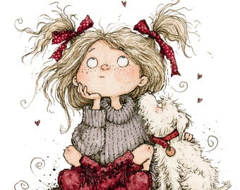May include: A whimsical ink and watercolour illustration of a child with messy blonde hair in pigtails tied with red polka-dot bows, wearing a grey ribbed jumper and dark red boots, sitting beside a small white dog with a red collar and tag.