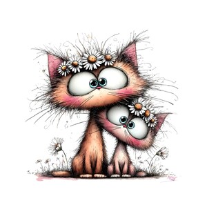 May include: A charming cartoon illustration of two cats, one larger and one smaller, both wearing daisy flower crowns. The cats have big eyes and are in shades of orange and pink. They are set against a white background with small flowers.