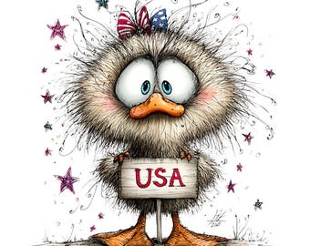May include: A fluffy, cartoon-style duckling with messy light brown feathers, large blue eyes, and an orange beak. It wears a red and blue star-patterned bow and holds a wooden sign with the red text USA, surrounded by small pink and blue stars.