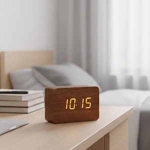 May include: A rectangular wooden digital clock displaying 10:15 in a warm yellow hue. The clock sits on a light-colored wooden desk, next to a laptop and a small potted plant. The background includes a bed and a window.
