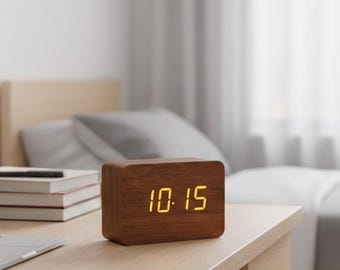 Drewniany cyfrowy budzik z wyświetlaczem temperatury do sypialni, biura i kuchni
