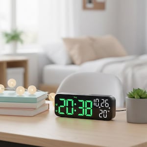May include: A black digital alarm clock displaying the time 20:38 with green LED numbers. The clock also shows the date and temperature. The clock sits on a wooden desk next to a laptop, books, and a small potted plant.