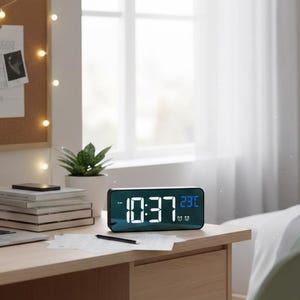 Peut inclure: Une horloge numérique affichant 10h37 et 23°C est posée sur un bureau en bois. L'horloge a un cadre noir et un affichage numérique bleu. Un ordinateur portable, des livres et une petite plante sont également sur le bureau. Un tableau en liège avec des guirlandes lumineuses est accroché au mur.