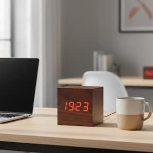 May include: A wooden cube digital clock displaying 19:23 in red numerals. The clock sits on a light-colored wooden desk next to a laptop, a two-tone mug, and a small potted succulent. The desk has black legs.