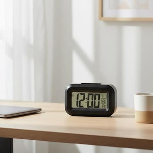 May include: A black digital alarm clock displaying 12:00 on a wooden desk. The clock has a rectangular shape with rounded corners. A laptop, a mug, and a small potted plant are also on the desk.