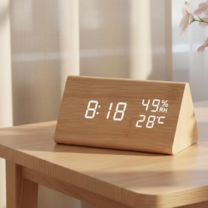 May include: A wooden digital alarm clock displaying the time as 8:18, with humidity at 49% and a temperature of 28 degrees Celsius. The clock has a triangular shape and sits on a wooden table.