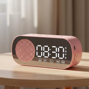 May include: A pink digital alarm clock with a mirrored display showing the time 08:30. The clock has a speaker, control buttons, and a USB port. It sits on a wooden table.