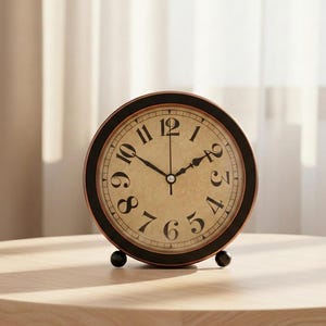 Pode incluir: Um relógio redondo em estilo vintage com mostrador bege e algarismos pretos. O relógio tem um anel exterior preto e um anel interior cor de cobre. Ele está sobre uma mesa de madeira e tem dois pequenos pés pretos. A hora exibida é aproximadamente 2:10.