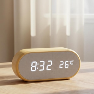 Bamboo Digital Alarm Clock with Thermometer, Modern Wooden LED Clock for Bedroom or Office