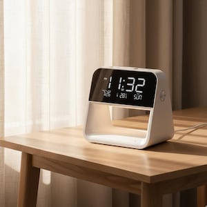 May include: A white digital alarm clock with a clear, curved base sits on a wooden table. The clock displays the time as 11:32 PM, with the date and temperature also visible. The clock is connected to a power source via a white cord.