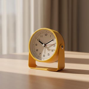 Könnte beinhalten: Ein gelber analoger Wecker mit weißem Zifferblatt, schwarzen Zeigern und einem roten Sekundenzeiger. Die Uhr hat ein rundes Zifferblatt mit schwarzen Zahlen und einen gelben Ständer. Die Uhr steht auf einer Holzoberfläche.