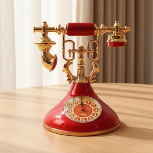 May include: A decorative red and gold telephone with a rotary dial. The phone has a red base and handset, with gold-coloured accents and a rotary dial with numbers. The design is reminiscent of classic antique telephones.