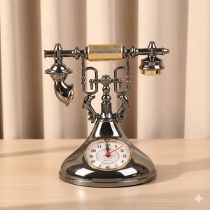 Może przedstawiać: Telefon w stylu vintage z tarczą zegara. Telefon jest gł&oacute;wnie srebrny ze złotymi akcentami na słuchawce i uchwycie. Tarcza zegara ma czarne cyfry i czerwone wskaz&oacute;wki. Projekt jest ozdobny i dekoracyjny.