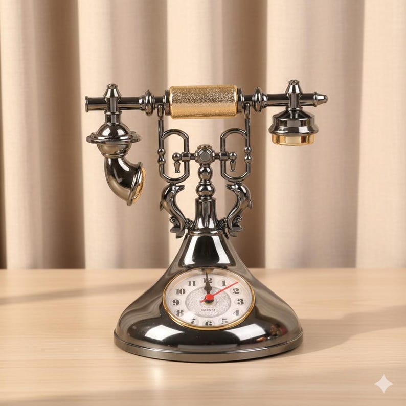 Może przedstawiać: Telefon w stylu vintage z tarczą zegara. Telefon jest gł&oacute;wnie srebrny ze złotymi akcentami na słuchawce i uchwycie. Tarcza zegara ma czarne cyfry i czerwone wskaz&oacute;wki. Projekt jest ozdobny i dekoracyjny.