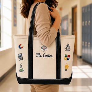 Borsa da lavoro per insegnanti di scienze, regalo per la classe STEM, borsa da lavoro con atomi e microscopi