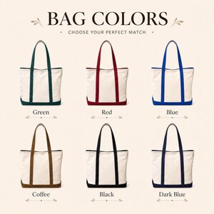 May include: Six canvas tote bags arranged in two rows with the text BAG COLORS CHOOSE YOUR PERFECT MATCH at the top. Each bag is off-white with colored handles and a base in green, red, blue, coffee, black, and dark blue, labeled accordingly.