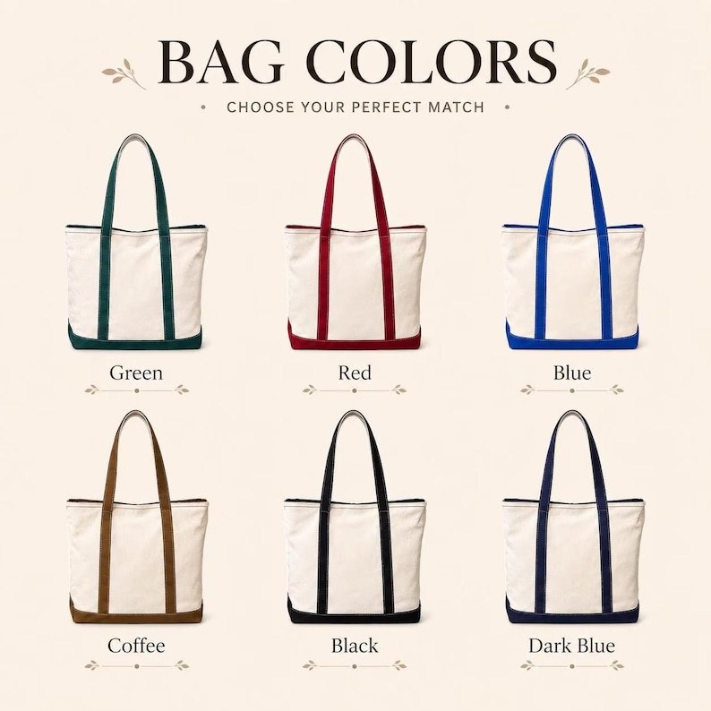May include: Six canvas tote bags arranged in two rows with the text BAG COLORS CHOOSE YOUR PERFECT MATCH at the top. Each bag is off-white with colored handles and a base in green, red, blue, coffee, black, and dark blue, labeled accordingly.