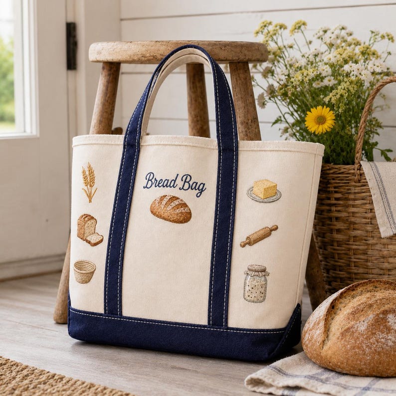 May include: A cream-colored canvas tote bag with dark navy blue handles and a reinforced base. The bag features embroidered illustrations of wheat, sliced bread, a basket, a loaf, butter, a rolling pin, a jar, and the text Bread Bag.