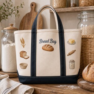 May include: A cream-colored canvas tote bag with dark navy blue handles and base. The bag features embroidered illustrations of wheat, a loaf of bread, a proofing basket, a stick of butter, a rolling pin, and a jar, with the text Bread Bag.