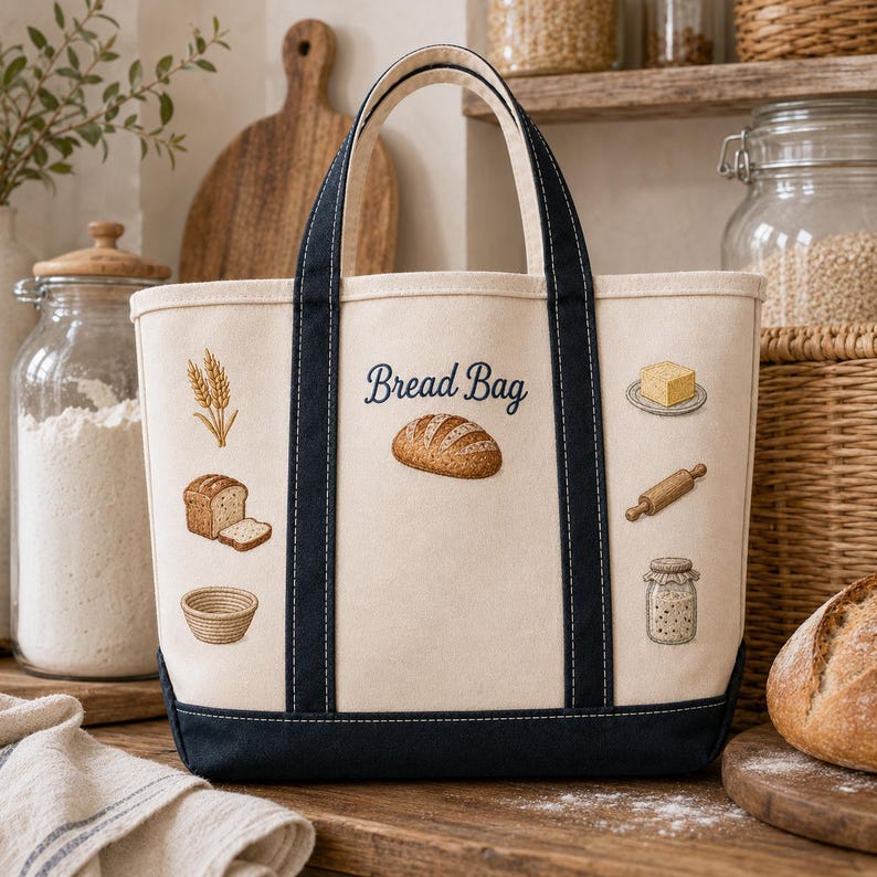 May include: A cream-colored canvas tote bag with dark navy blue handles and base. The bag features embroidered illustrations of wheat, a loaf of bread, a proofing basket, a stick of butter, a rolling pin, and a jar, with the text Bread Bag.