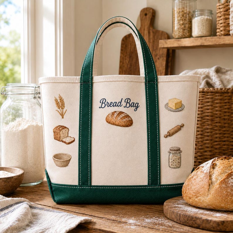May include: A cream-colored canvas tote bag with dark green trim and handles. The bag features embroidered illustrations of wheat, a loaf of bread, a proofing basket, a stick of butter, a rolling pin, a jar, and the text Bread Bag.