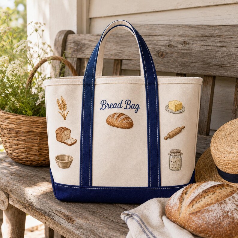 May include: A cream-colored canvas tote bag with navy blue trim and handles. The bag features embroidered designs of wheat, a loaf of bread, a proofing basket, a block of butter, a rolling pin, and a jar. The text Bread Bag is embroidered in blue.