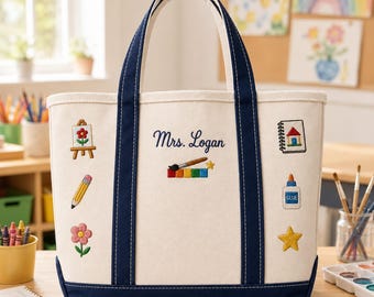 Personalized Embroidered Art Teacher Tote Bag, Custom Name Canvas Tote, Teacher Appreciation Gift, Art Classroom Bag, Art Supplies Cute Tote
