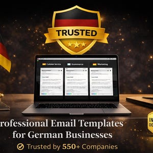 Op de afbeelding: Laptop met e-mailsjablonen voor Duitse bedrijven, met een Duitse vlag en een "Trusted"-embleem. De tekst luidt "Professional Email Templates for German Businesses" en "Trusted by 550+ Companies."