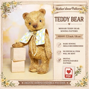 May include: A handmade mohair teddy bear sewing pattern. The bear is light brown with a cream-colored collar adorned with yellow floral accents. The pattern is a digital download, with a height of 7.2 inches (18 cm). Basic sewing skills are recommended.