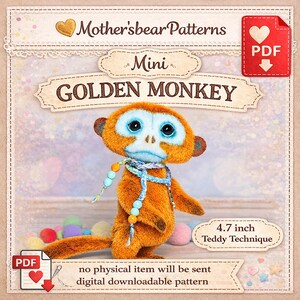 Puede incluir: Un mono dorado de peluche con una cara azul y blanca, que lleva una bufanda azul y un collar de cuentas. La imagen incluye el texto "Mother'sbear Patterns" y "GOLDEN MONKEY". El mono mide 12 cm de alto. La imagen también indica "no physical item will be sent digital downloadable pattern".