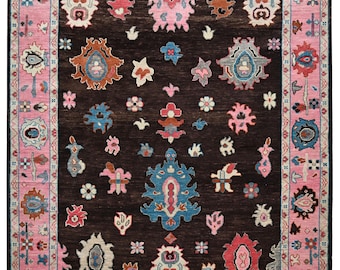 Bold Hand-Knotted Oushak Rug | Deep Espresso & Bubblegum Pink Floral Carpet | Modern Maximalist Wool Rug | [Insert Size] Statement Area Rug
