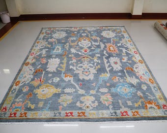 Alfombra Oushak auténtica anudada a mano / Alfombra de lana azul pizarra y terracota con efecto envejecido / Alfombra grande que llama la atención / Decoración de estilo transicional de diseño para el hogar