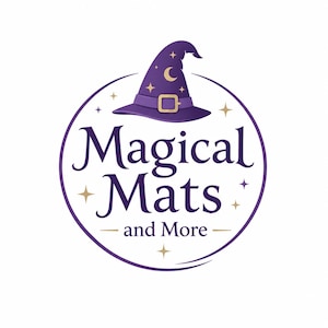 May include: A circular logo with the text "Magical Mats and More" in a purple font. Above the text is a purple witch's hat with a gold buckle, moon, and stars. Gold stars are scattered around the circle.