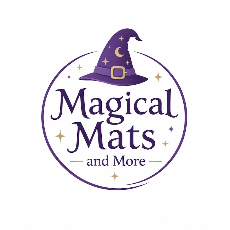 May include: A circular logo with the text "Magical Mats and More" in a purple font. Above the text is a purple witch's hat with a gold buckle, moon, and stars. Gold stars are scattered around the circle.