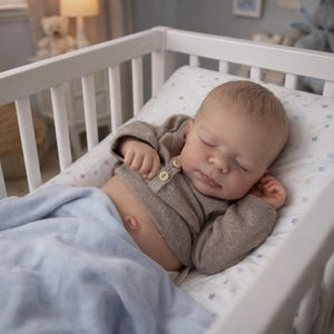Puede incluir: Un bebé durmiendo en una cuna blanca, con una camisa marrón de manga larga con botones de madera. El bebé está cubierto con una manta azul claro y descansa sobre una almohada con un estampado de estrellas.