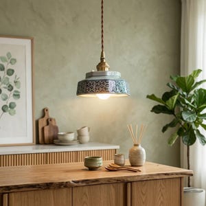 Hand-Painted Ceramic Pendant Light - Vintage-Inspired Kitchen Island Lamp with Copper Socket - Artisan Hanging Ceiling Fixture