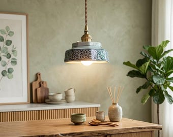 Hand-Painted Ceramic Pendant Light - Vintage-Inspired Kitchen Island Lamp with Copper Socket - Artisan Hanging Ceiling Fixture